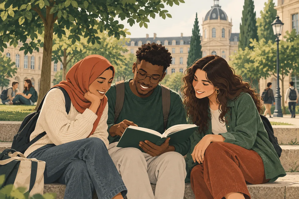 Étudiants internationaux réunis autour d’un livre sur un campus